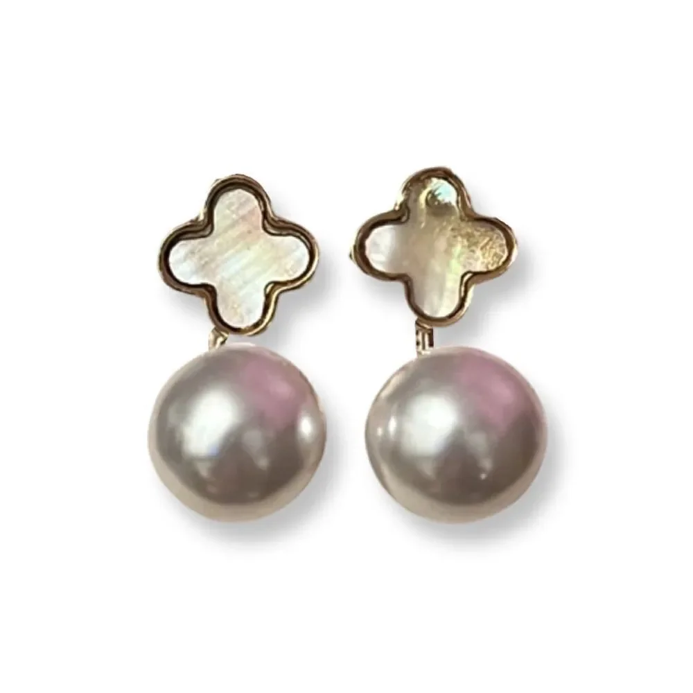 NEW Clover And Pearl Gold Tone Jacket Earrings
